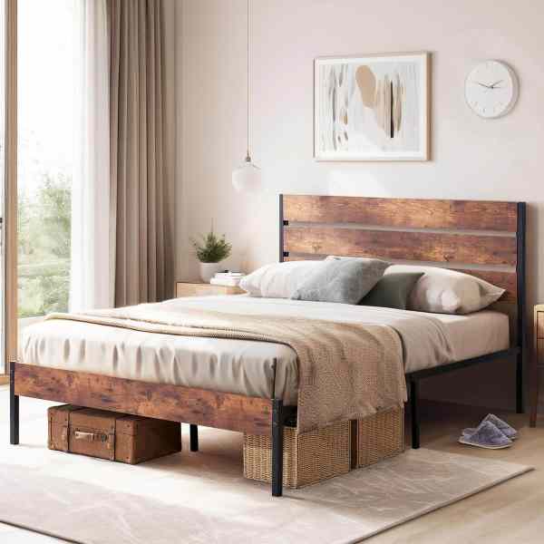 Platform Bed Frame with Storage - MOQ 20（Industrial Farmhouse Style）