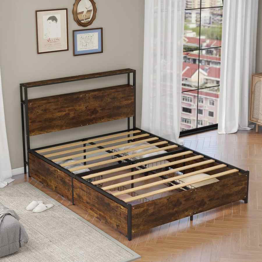 Platform Bed with Storage Drawers - MOQ 20（Rustic Farmhouse Industrial Style）