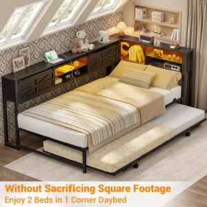 Rustic Brown Wood & Metal Storage Bed Frame - MOQ 20（Queen/Full Size）