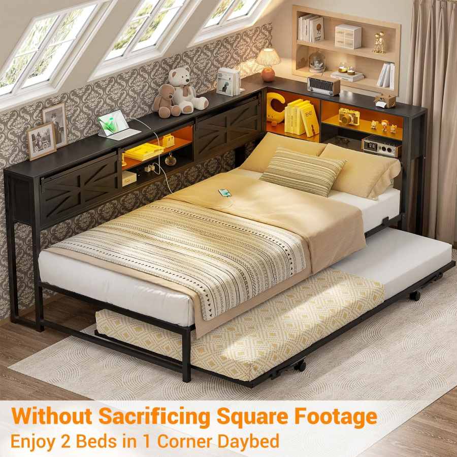 Rustic Brown Wood & Metal Storage Bed Frame - MOQ 20（Queen/Full Size）