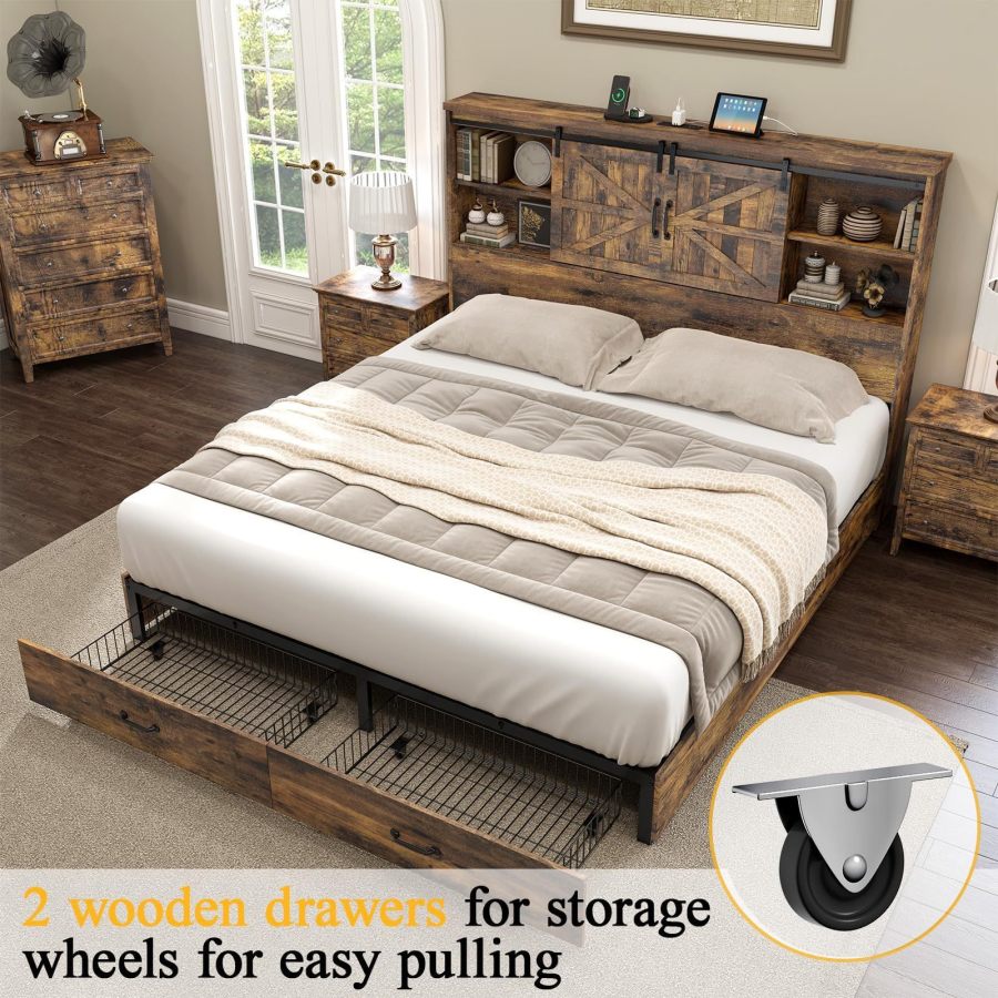 Wholesale Rustic Industrial Platform Bed Frame with Storage - MOQ 20（Wood & Metal, 2025） - Image 4